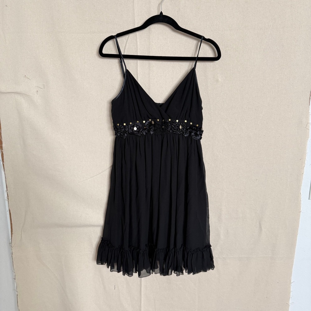 Silk Chiffon Embellished Empire Waist Mini Dress Black Small Heart Studs Floral